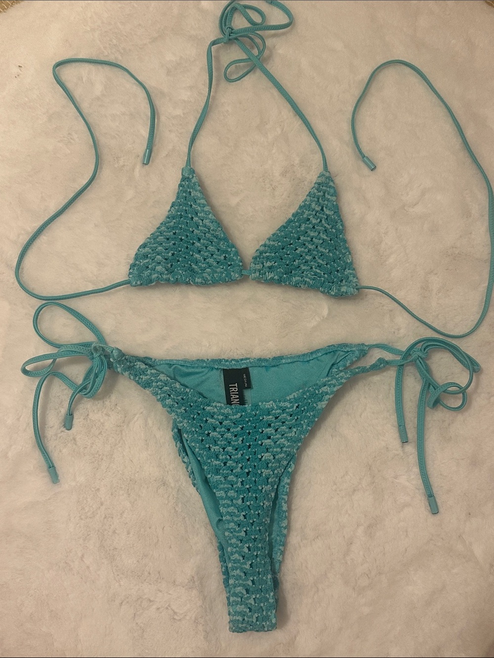 triangl swimwear teal crochet triangle bikini set